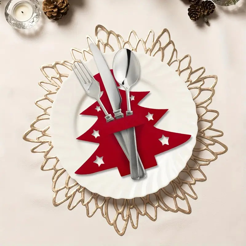 10pcs Christmas Tree Placemats & Cutlery Holders Set