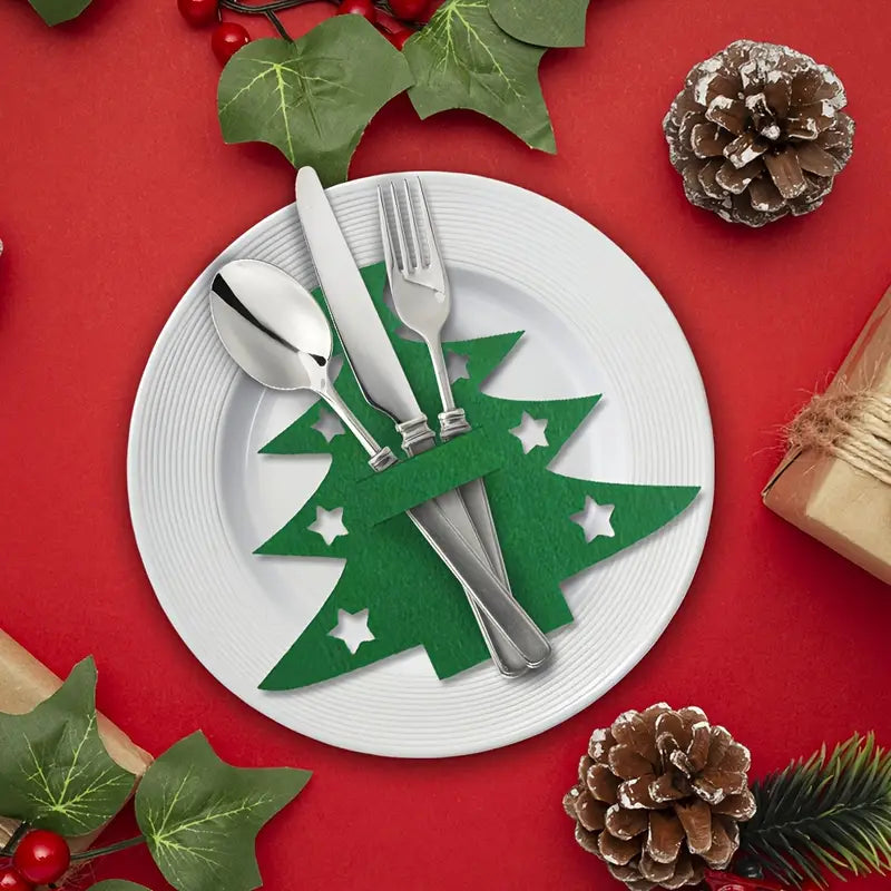 10pcs Christmas Tree Placemats & Cutlery Holders Set