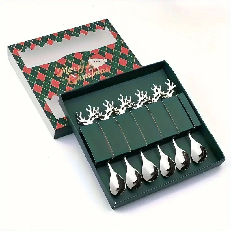 Stainless Steel Christmas Elk Long-Handled Spoon 6pc