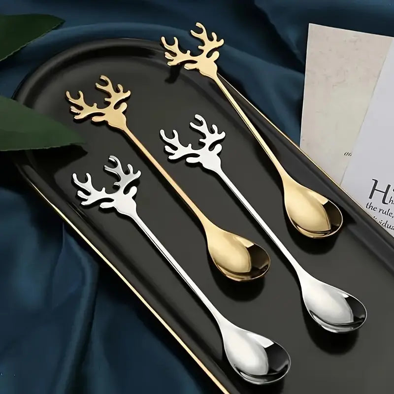 Stainless Steel Christmas Elk Long-Handled Spoon 6pc