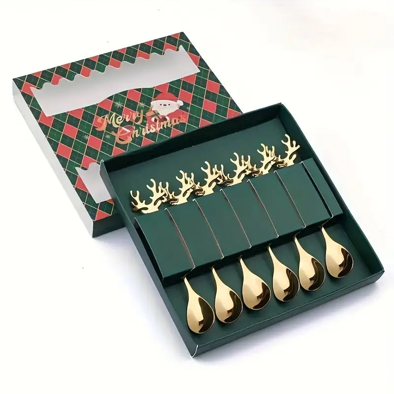 Stainless Steel Christmas Elk Long-Handled Spoon 6pc