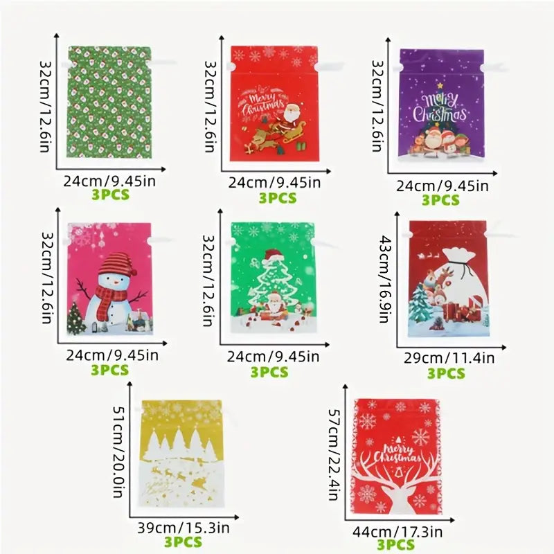 Medium Set - Festive Christmas Drawstring Gift Bags