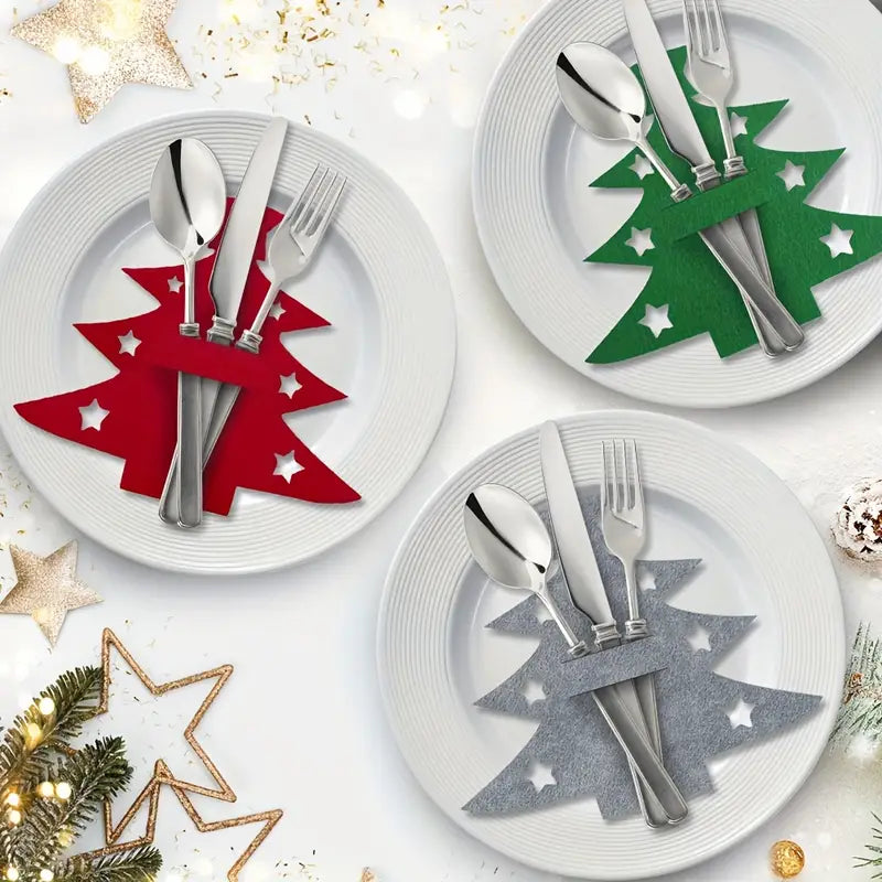 10pcs Christmas Tree Placemats & Cutlery Holders Set